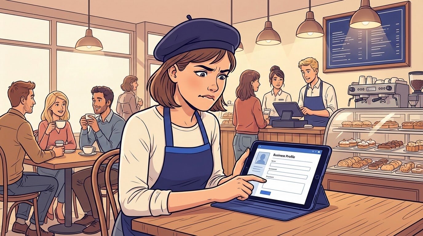 Владелица кафе составляет описание своего бизнеса на планшете