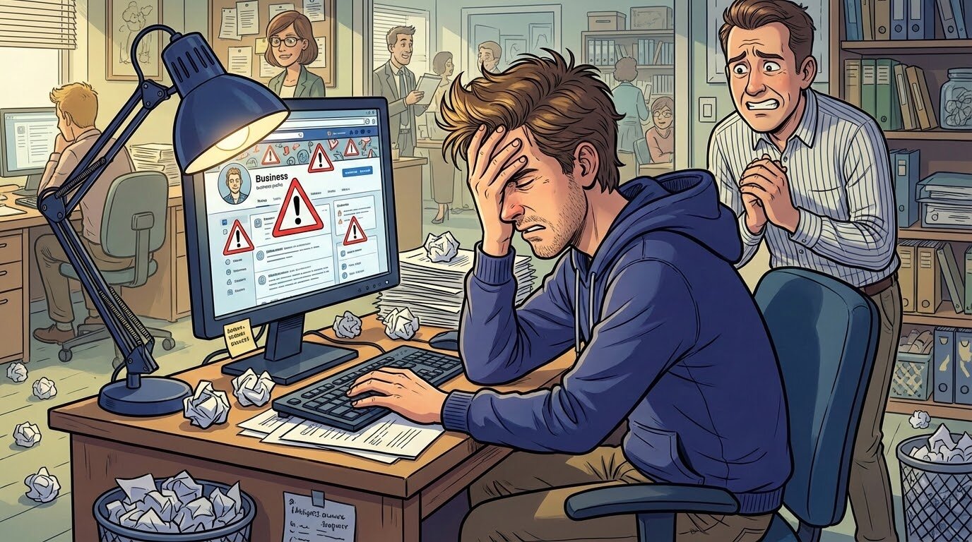 Расстроенный владелец бизнеса смотрит на плохо заполненный профиль компании