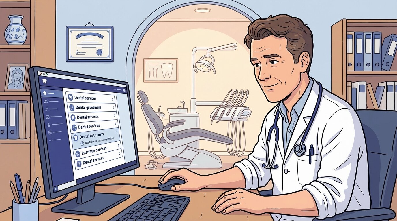 Стоматолог просматривает описания услуг своей клиники на компьютере