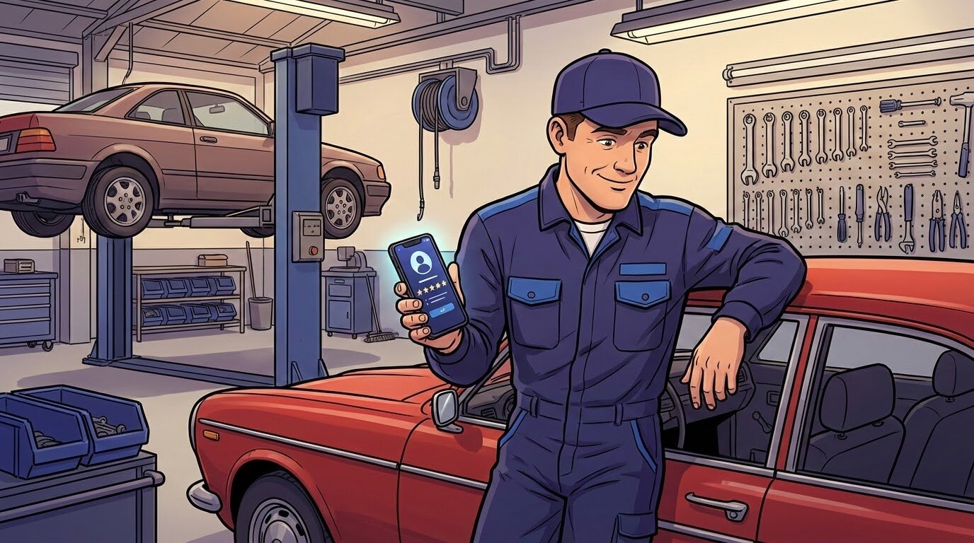 Автомеханик с улыбкой просматривает профиль своего автосервиса на смартфоне