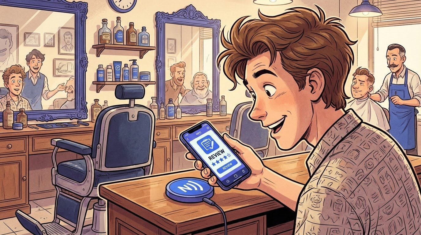 Клиент барбершопа прикладывает смартфон к NFC-метке для отзыва