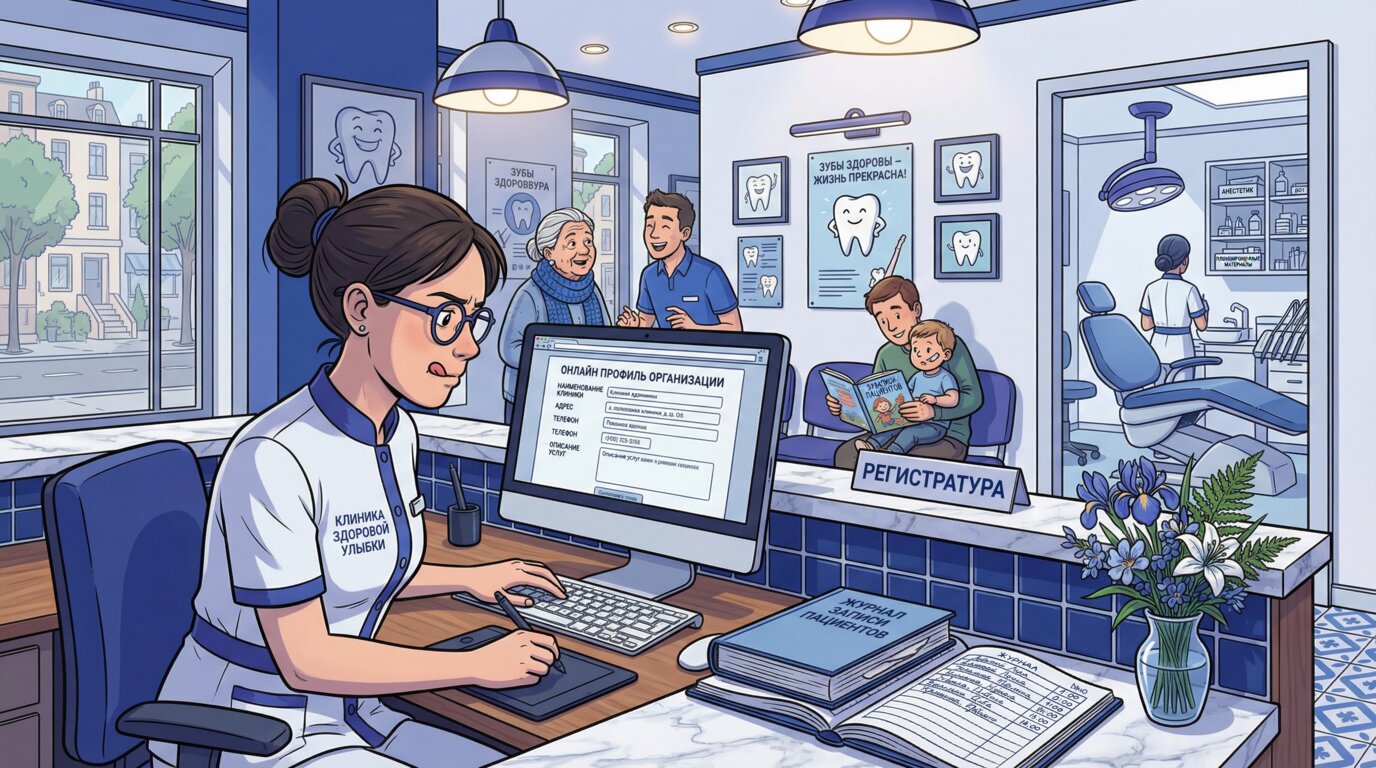 Администратор стоматологической клиники заполняет карточку на Яндекс.Картах