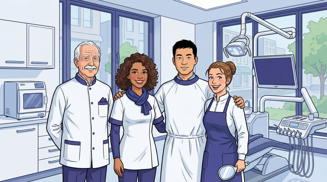 Команда стоматологов улыбается для профессионального фото клиники