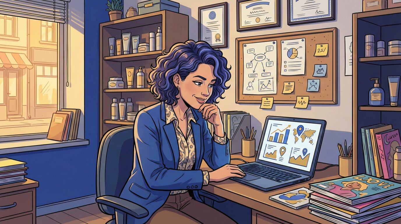 Владелица салона красоты анализирует позиции на ноутбуке