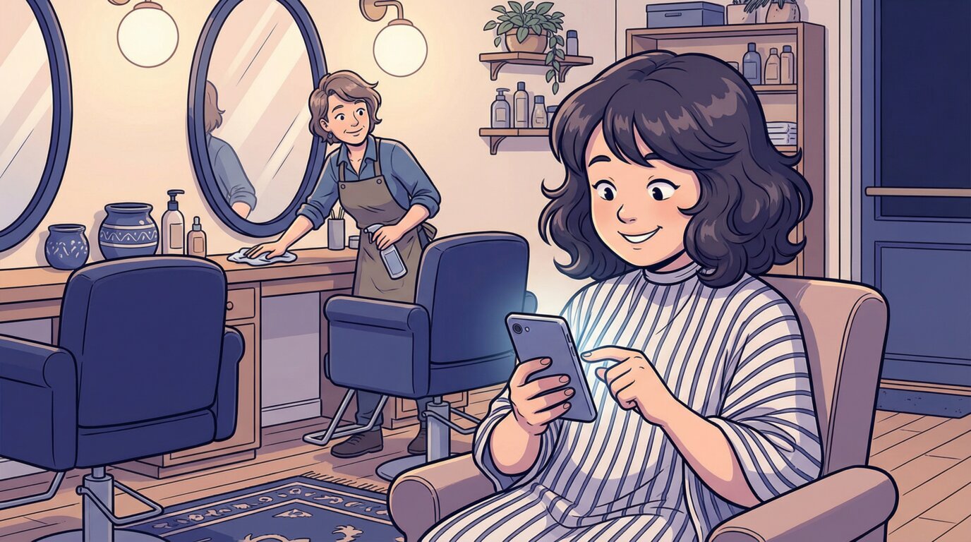 Довольная клиентка оставляет отзыв на смартфоне после процедуры в салоне красоты