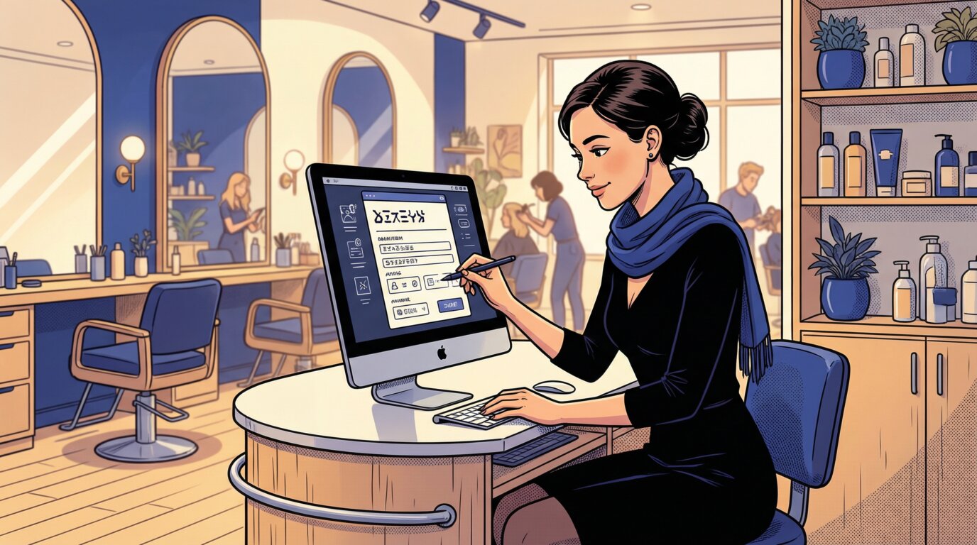 Администратор салона красоты заполняет профиль на компьютере