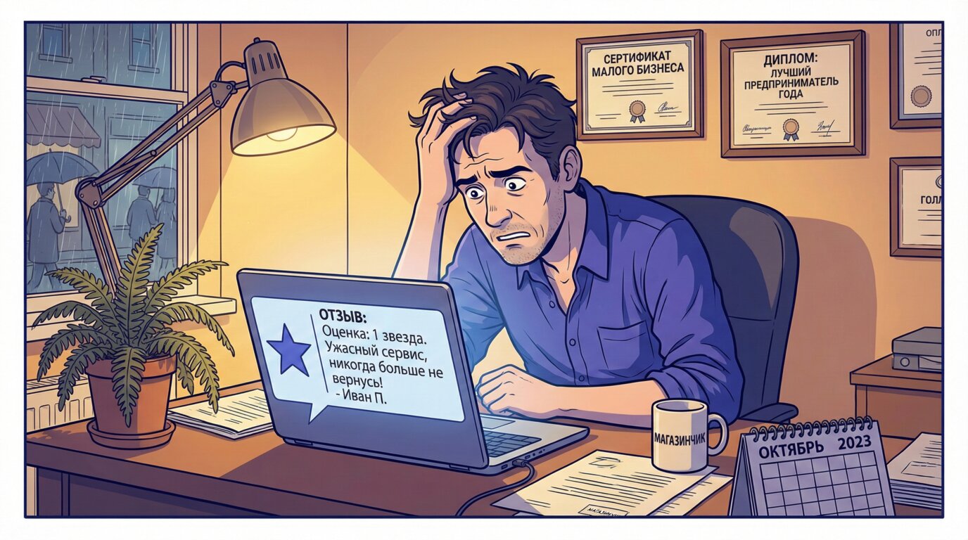 Владелец бизнеса обеспокоенно смотрит на негативный отзыв на экране ноутбука