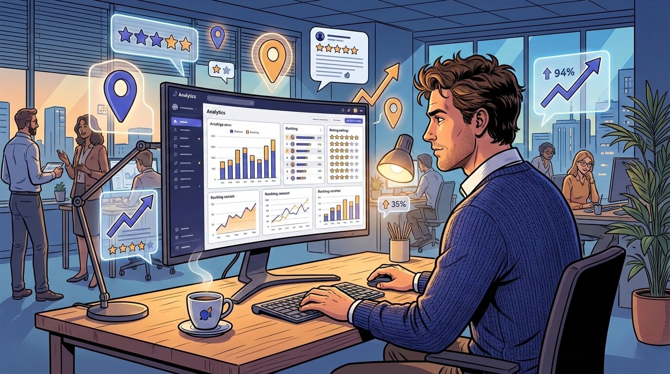 Маркетолог анализирует факторы ранжирования бизнеса на Яндекс.Картах на мониторе