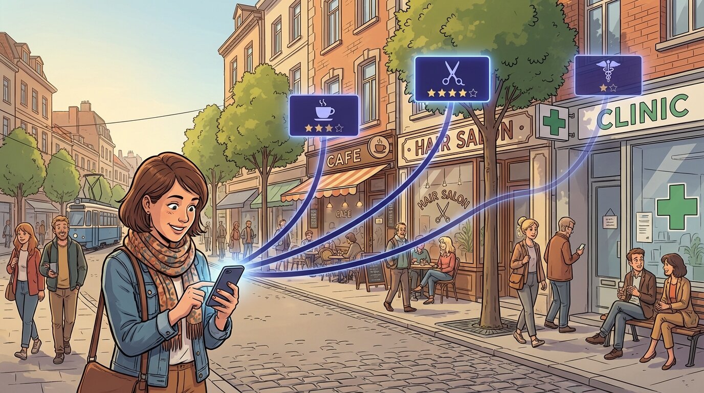 Девушка ищет бизнес на карте со смартфона, линии связи соединяют её с ближайшими заведениями