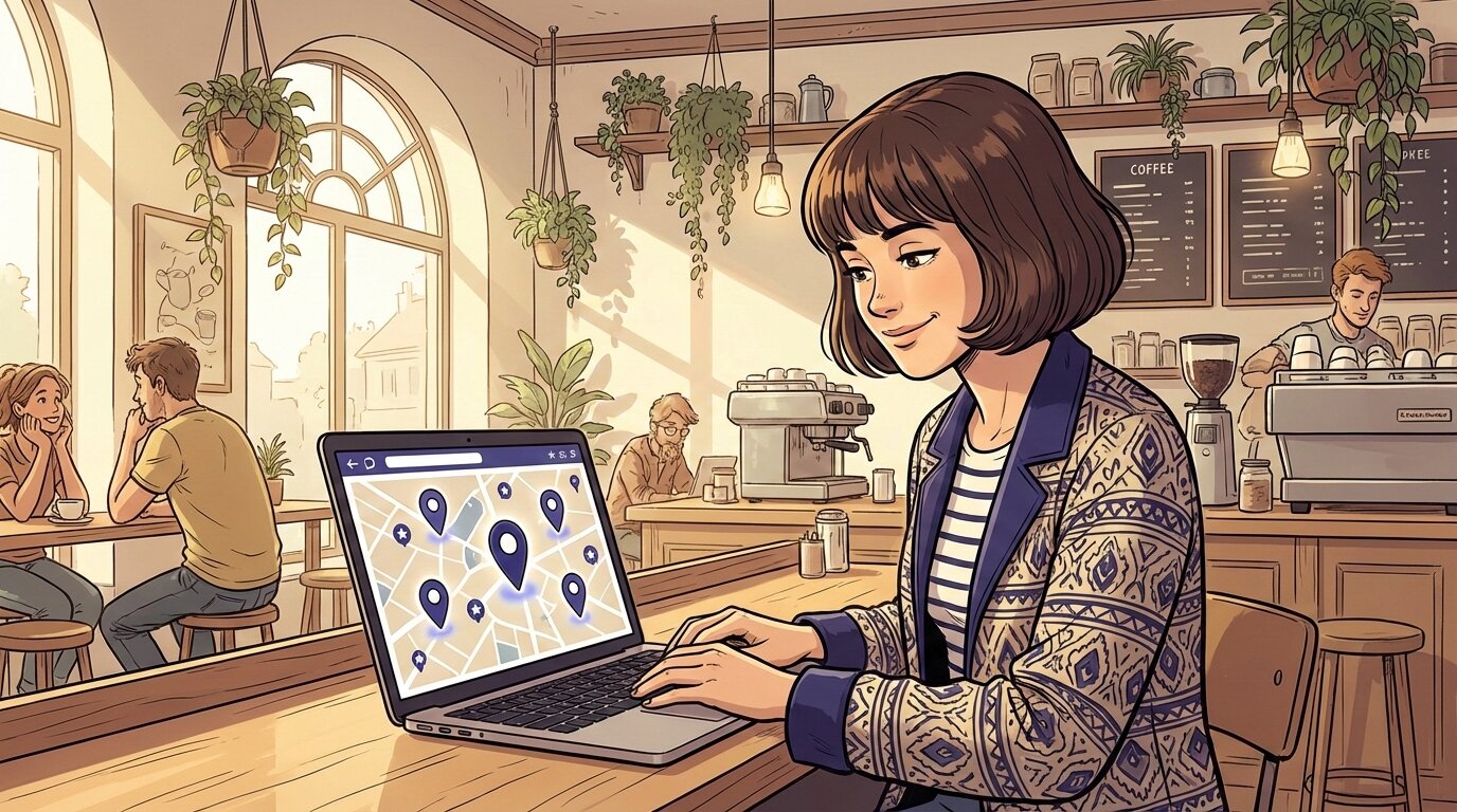 Владелец кафе изучает карточку своего бизнеса на Яндекс.Картах на ноутбуке