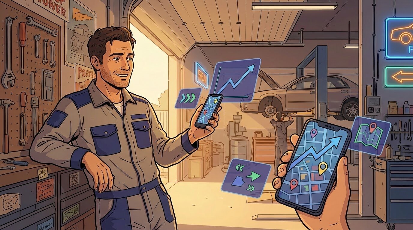 Владелец автосервиса проверяет позиции бизнеса на карте в телефоне