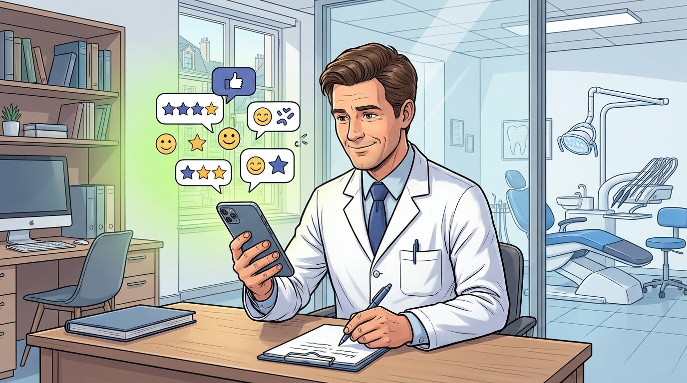 Владелец стоматологической клиники читает отзывы клиентов на смартфоне